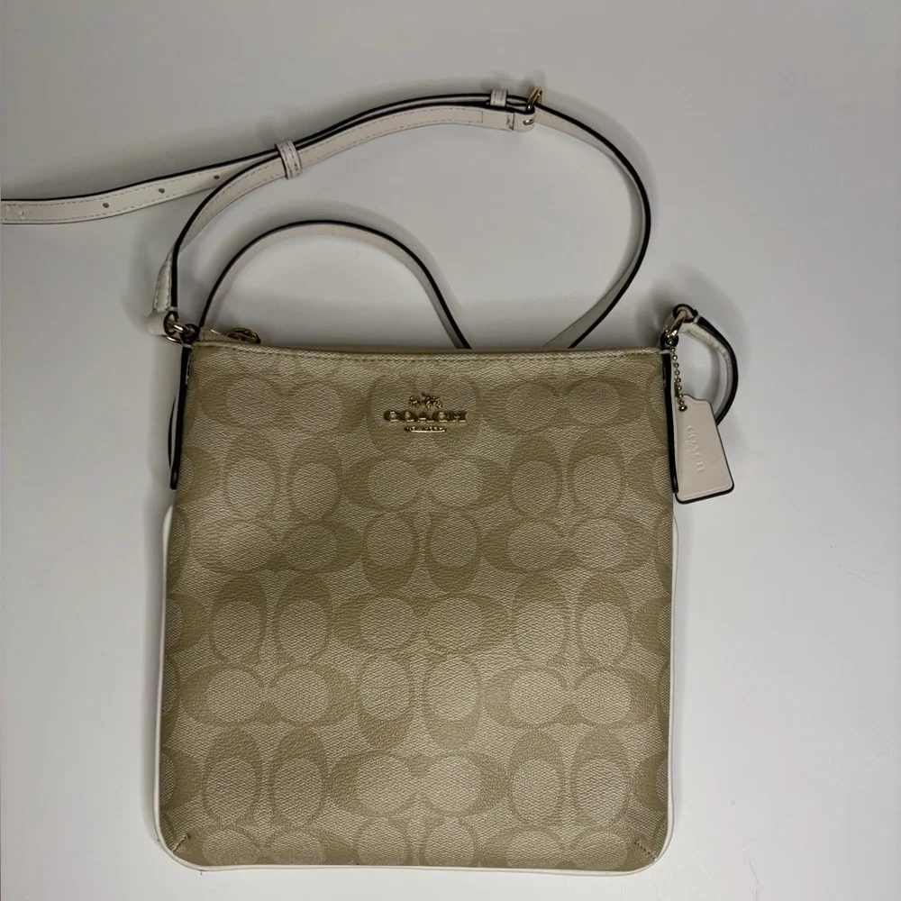 Coach Signature Tan‎ Beige Crossbody Bag with golden hardware